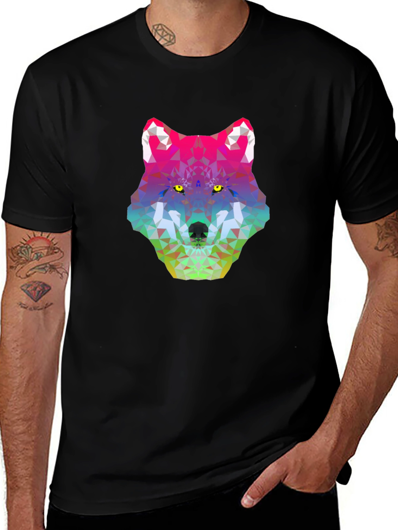 Geometric Wolf Head Graphic Tee - Black