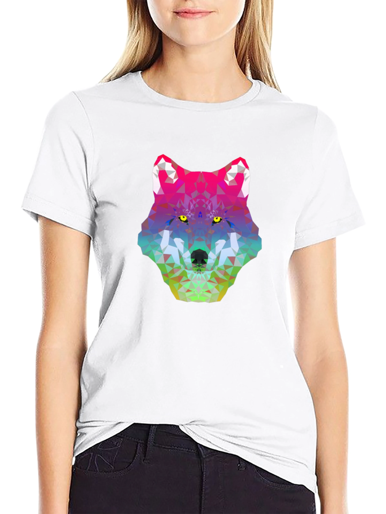 Geometric Wolf Head Graphic Tee - Black