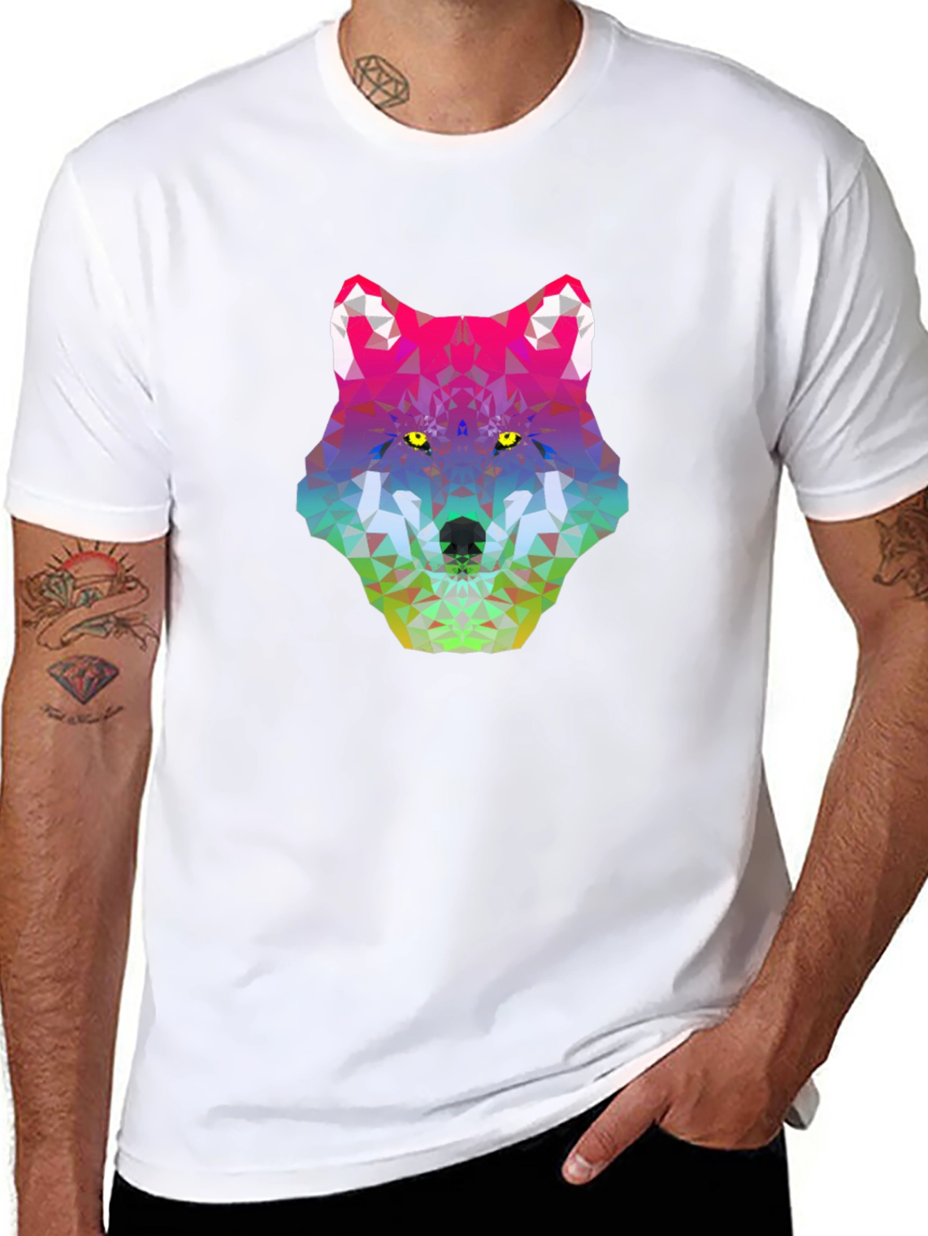 Geometric Wolf Head Graphic Tee - Black