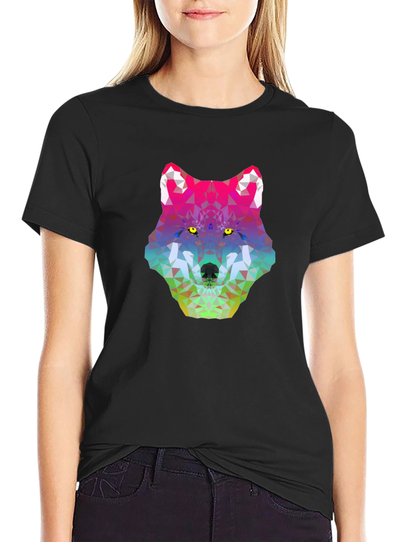 Geometric Wolf Head Graphic Tee - Black