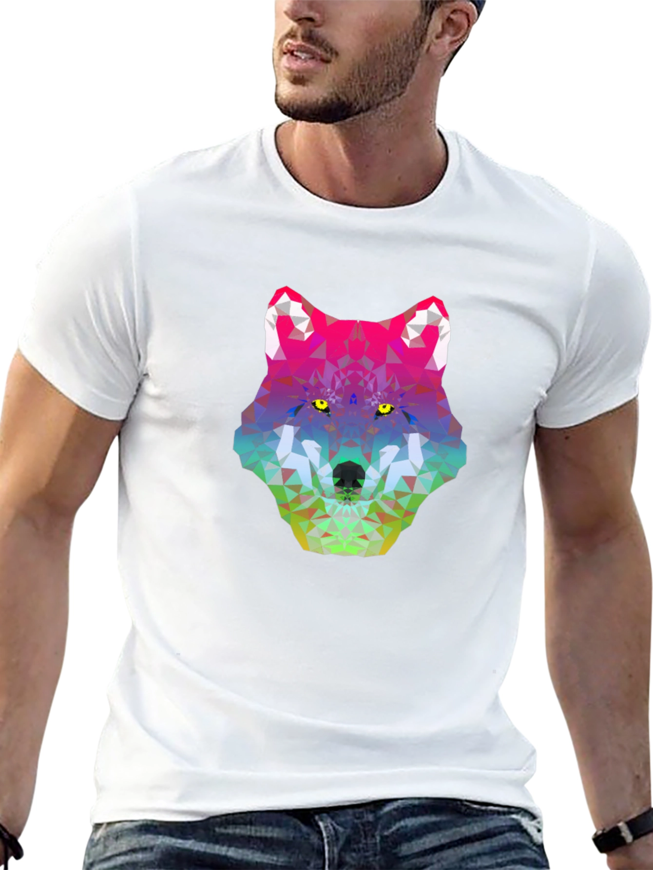 Geometric Wolf Head Graphic Tee - Black