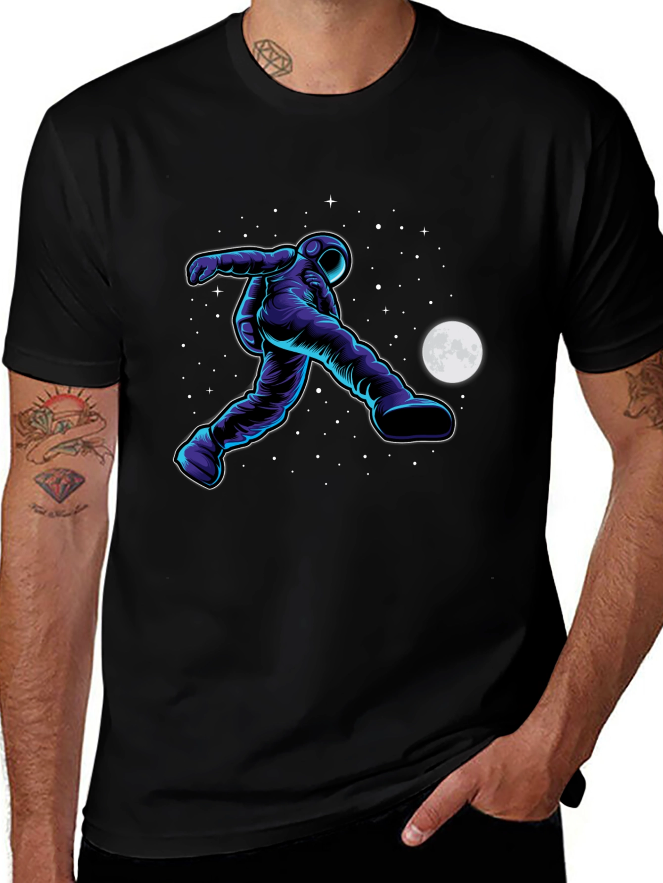 Astronaut Soccer Black T-Shirt - Space Kick Design