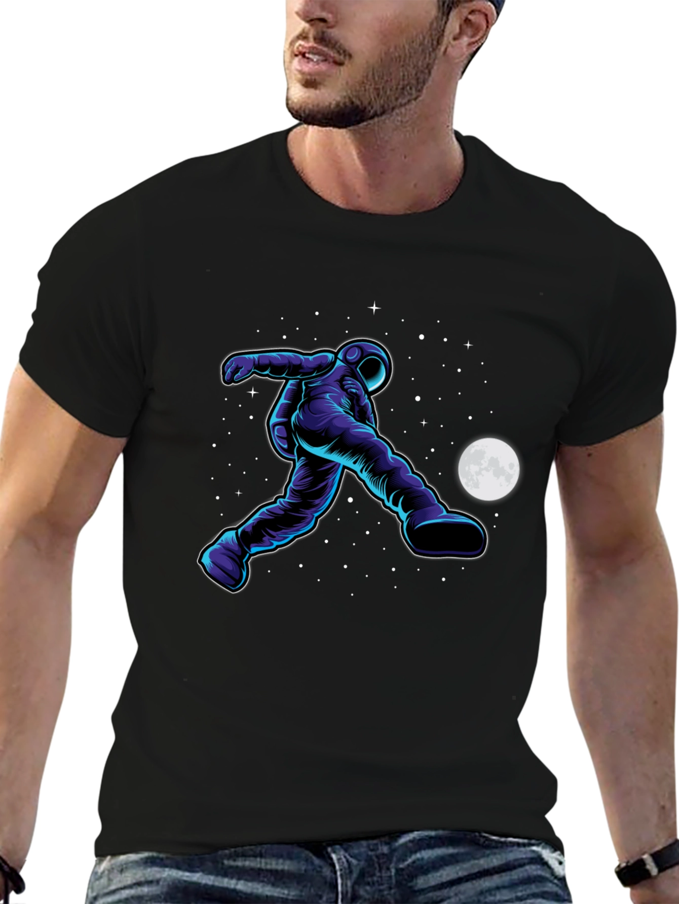 Astronaut Soccer Black T-Shirt - Space Kick Design