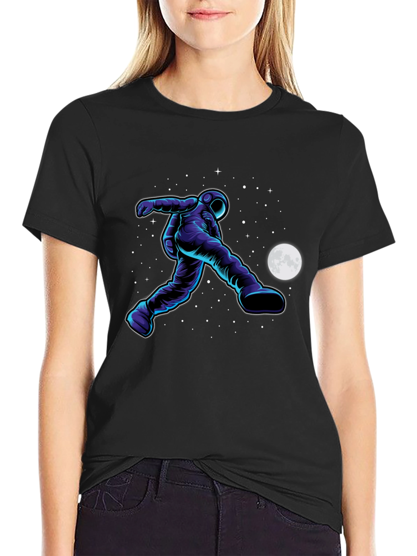 Astronaut Soccer Black T-Shirt - Space Kick Design
