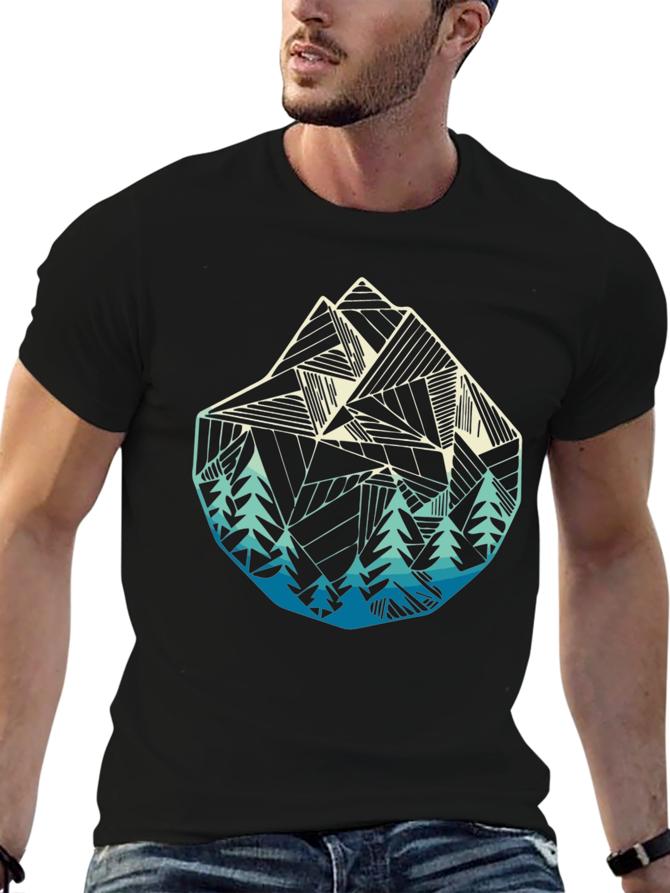 Geometric Mountain & Trees Graphic Tee - Black