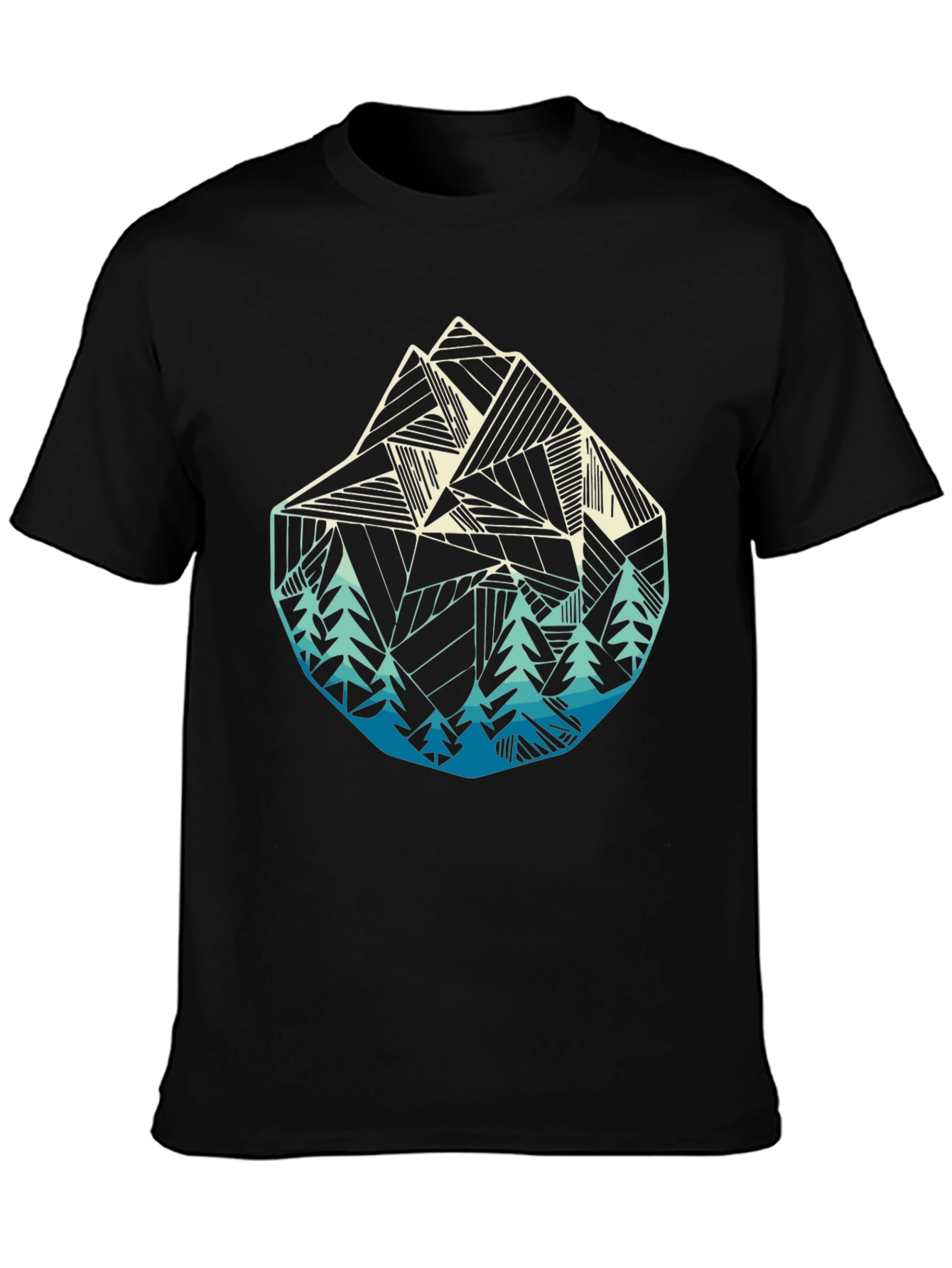 Geometric Mountain & Trees Graphic Tee - Black