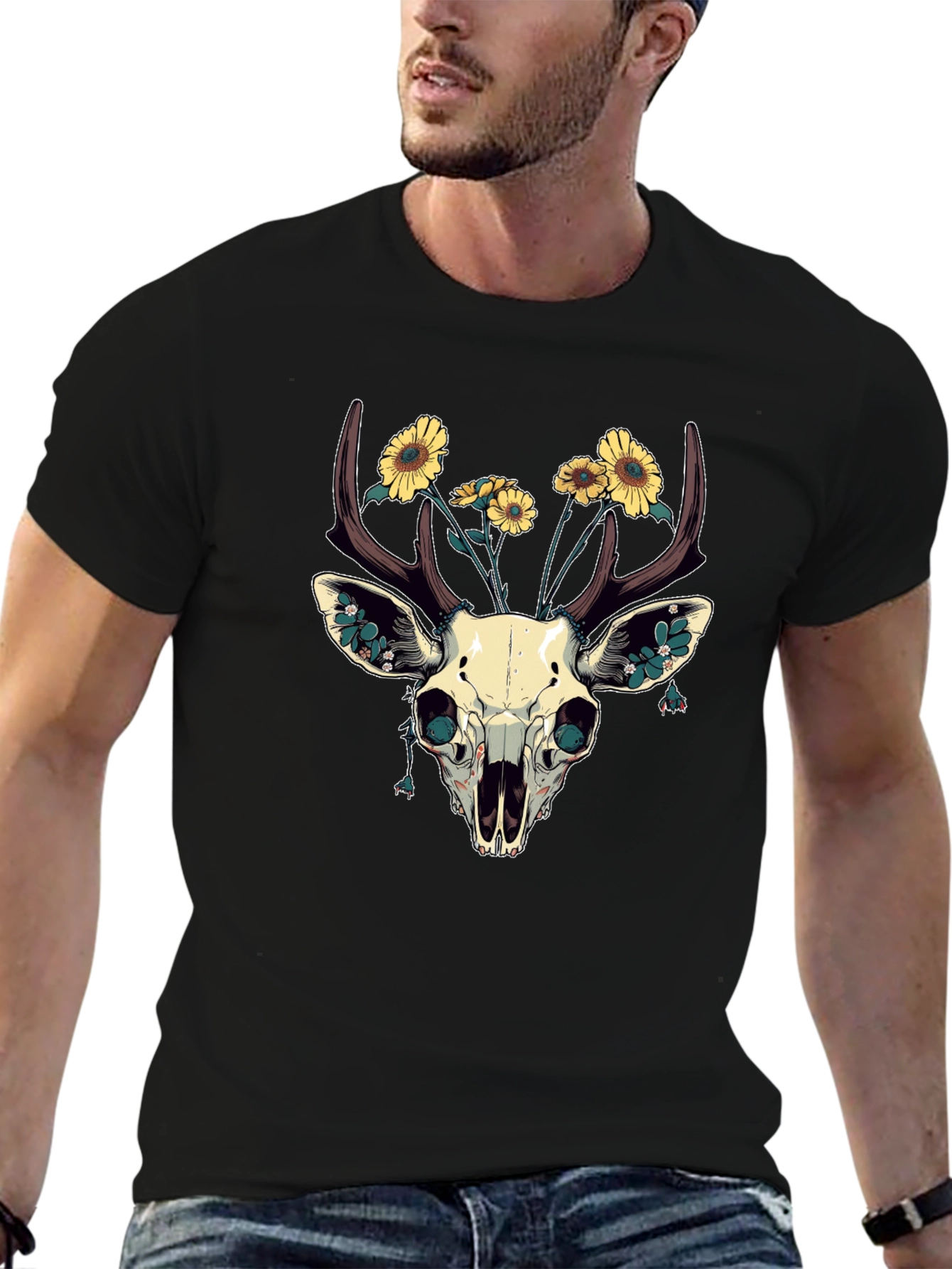 Deer Skull & Sunflower Graphic T-Shirt