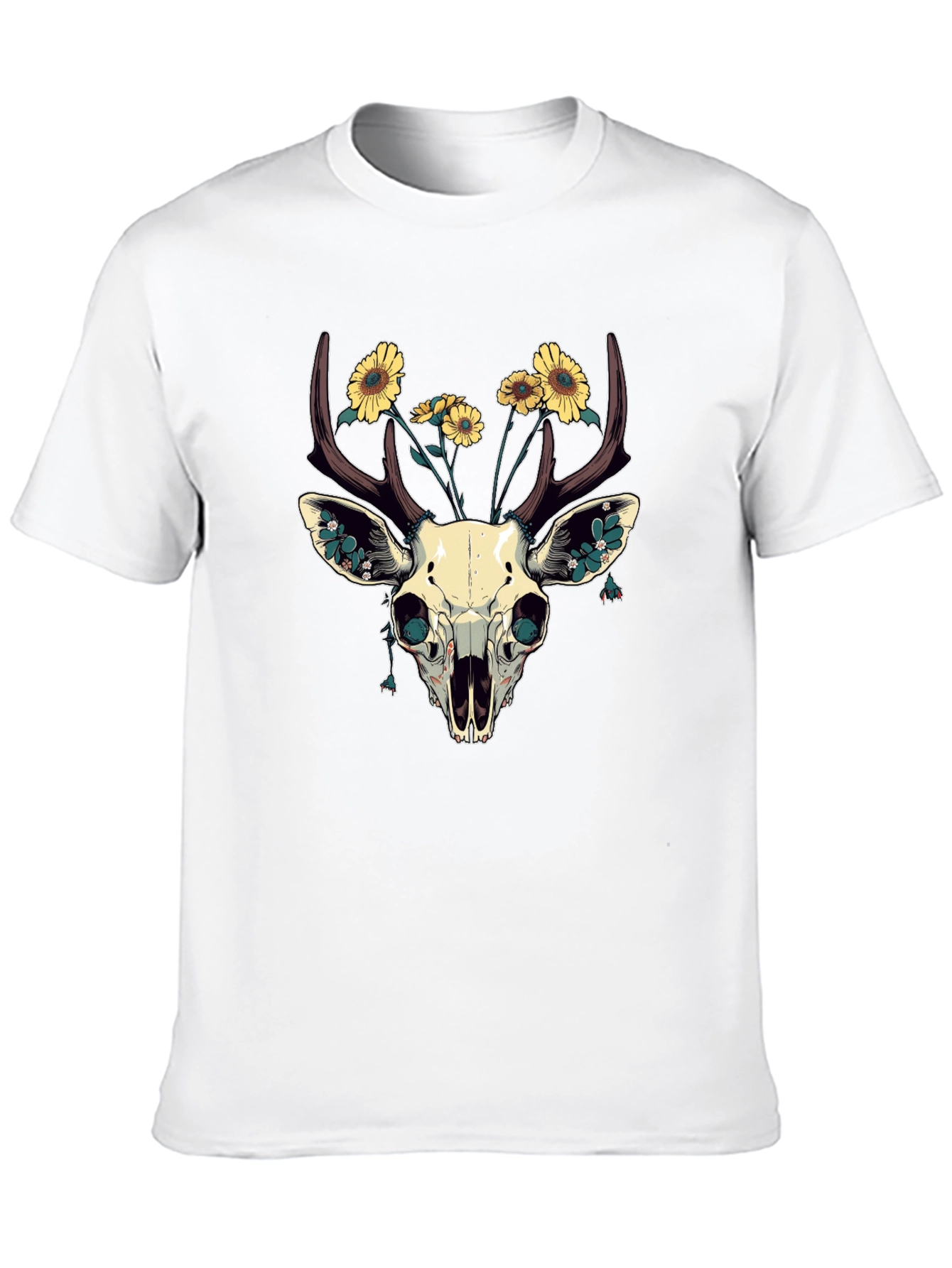 Deer Skull & Sunflower Graphic T-Shirt