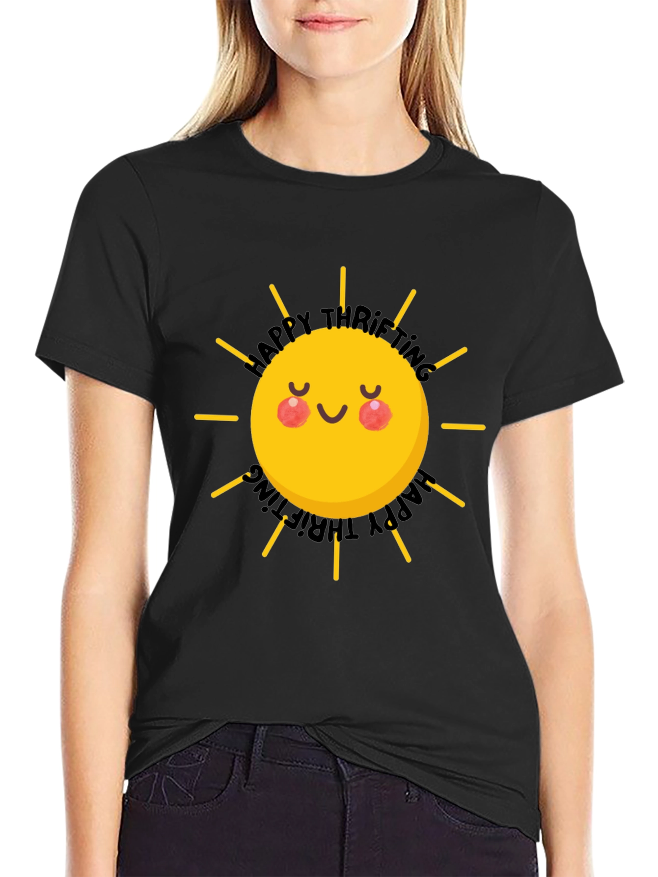 Happy Thrifting Sun Graphic Black T-Shirt
