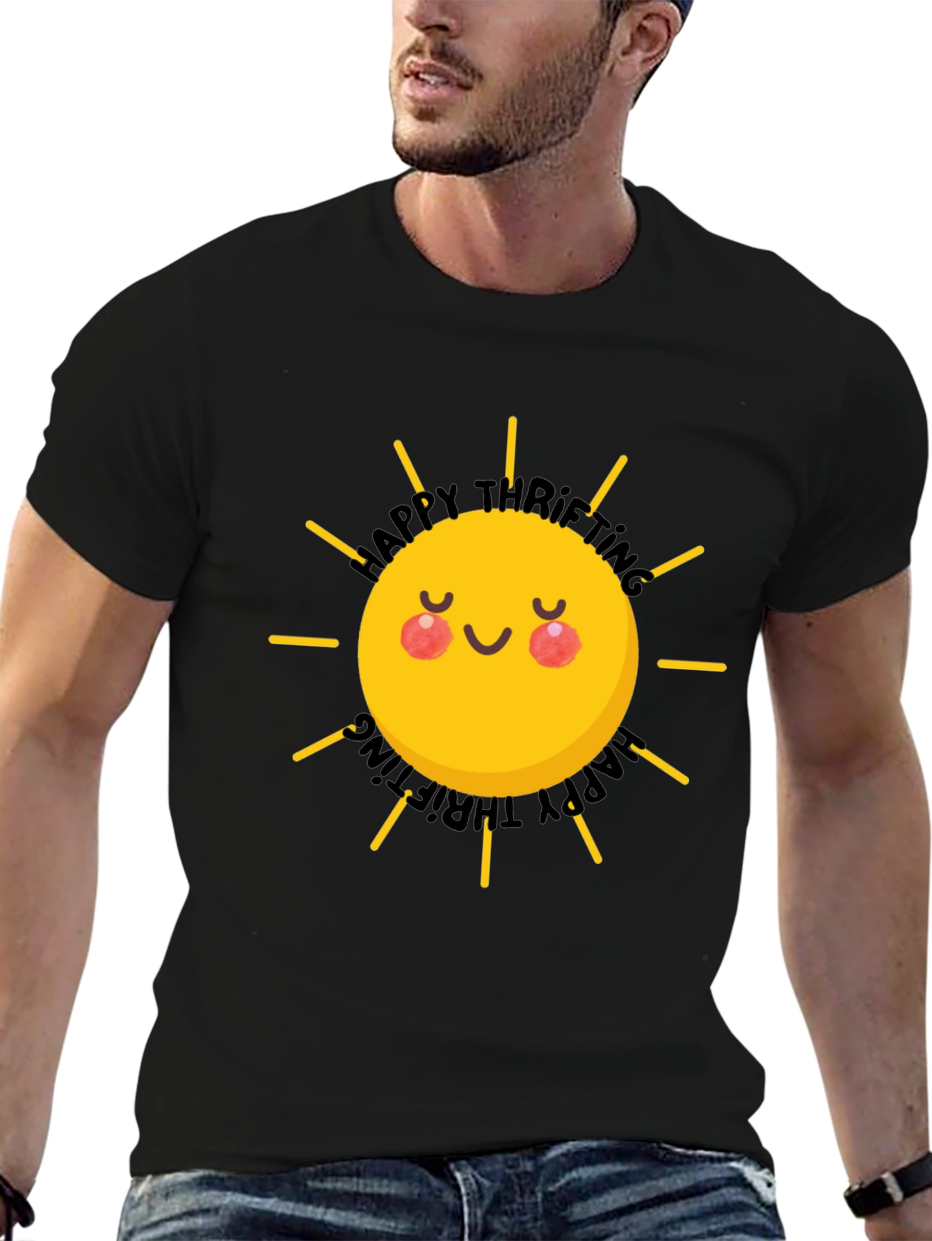 Happy Thrifting Sun Graphic Black T-Shirt