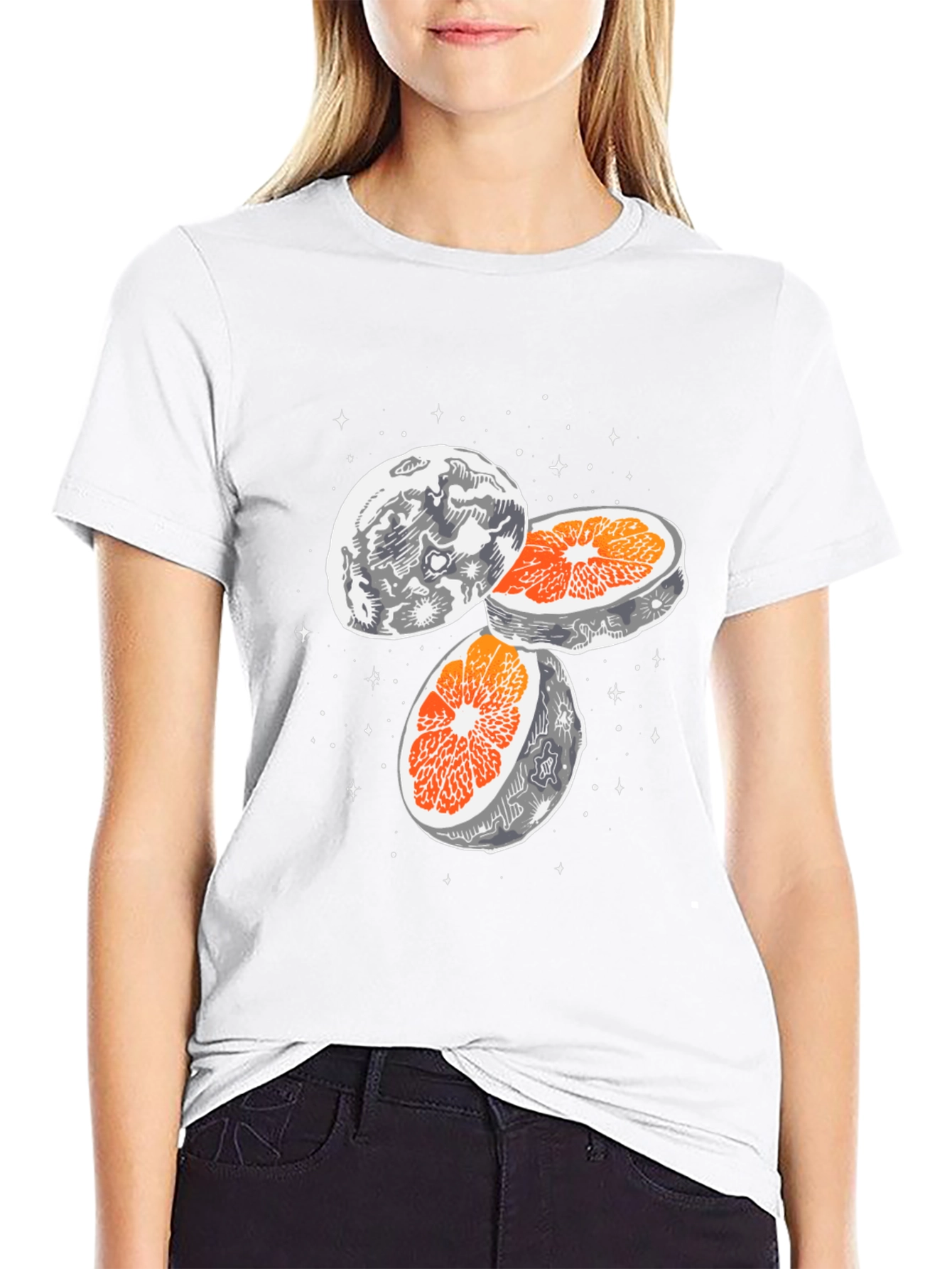 Moon Orange Graphic Tee - Black Cotton Blend
