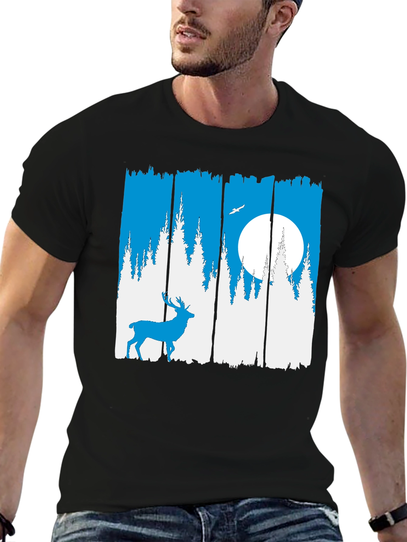 Nature Deer Graphic Tee - Mens Black Crew Neck
