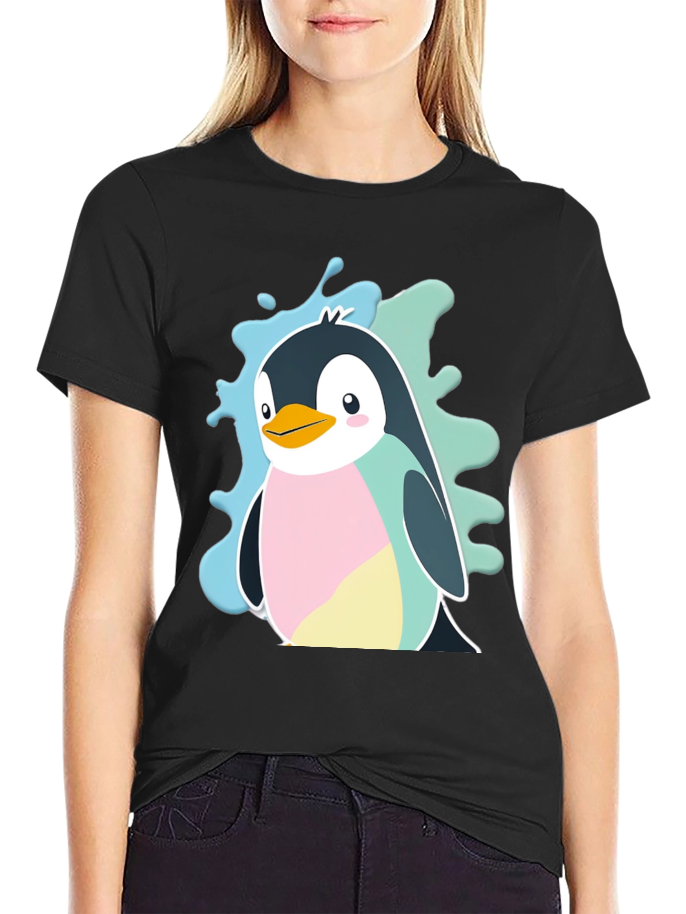 Cute Cartoon Penguin Graphic Tee - Black