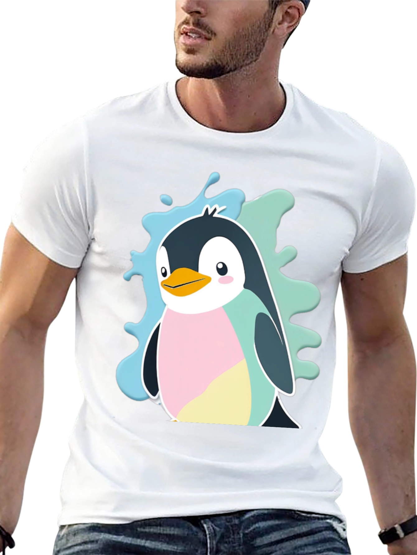 Cute Cartoon Penguin Graphic Tee - Black