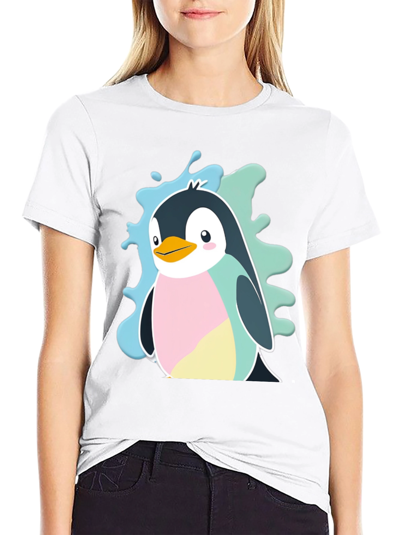 Cute Cartoon Penguin Graphic Tee - Black