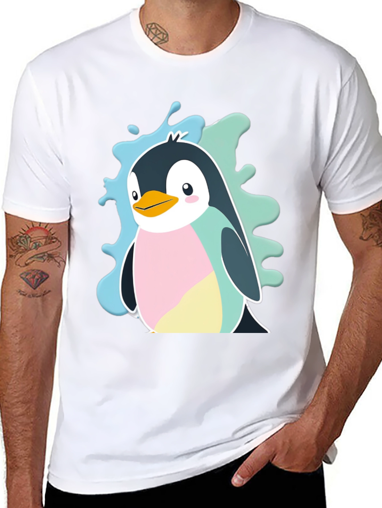 Cute Cartoon Penguin Graphic Tee - Black