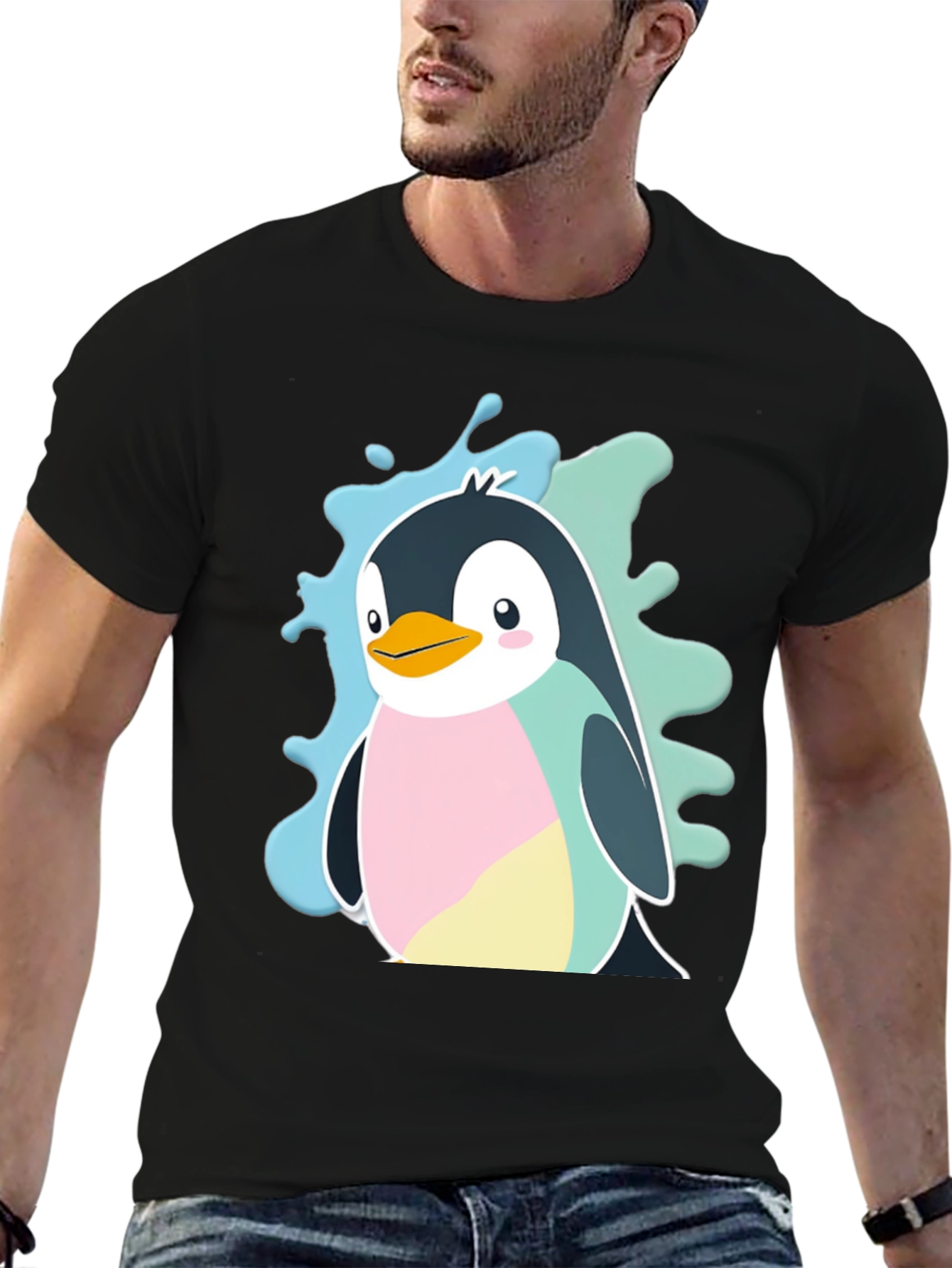 Cute Cartoon Penguin Graphic Tee - Black