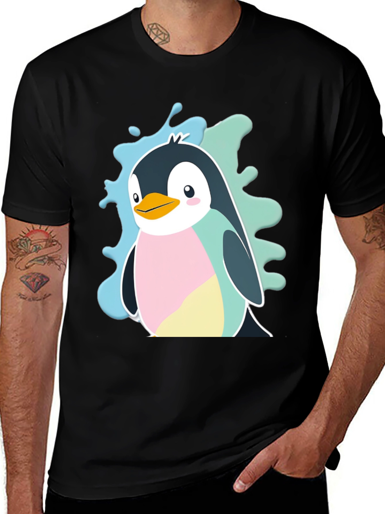 Cute Cartoon Penguin Graphic Tee - Black