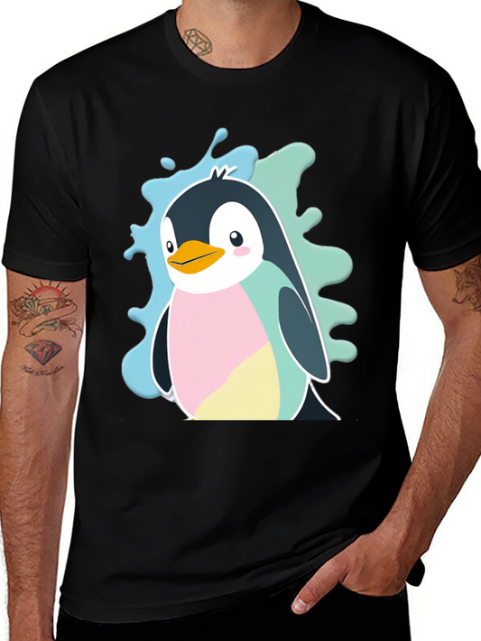Cute Cartoon Penguin Graphic Tee - Black