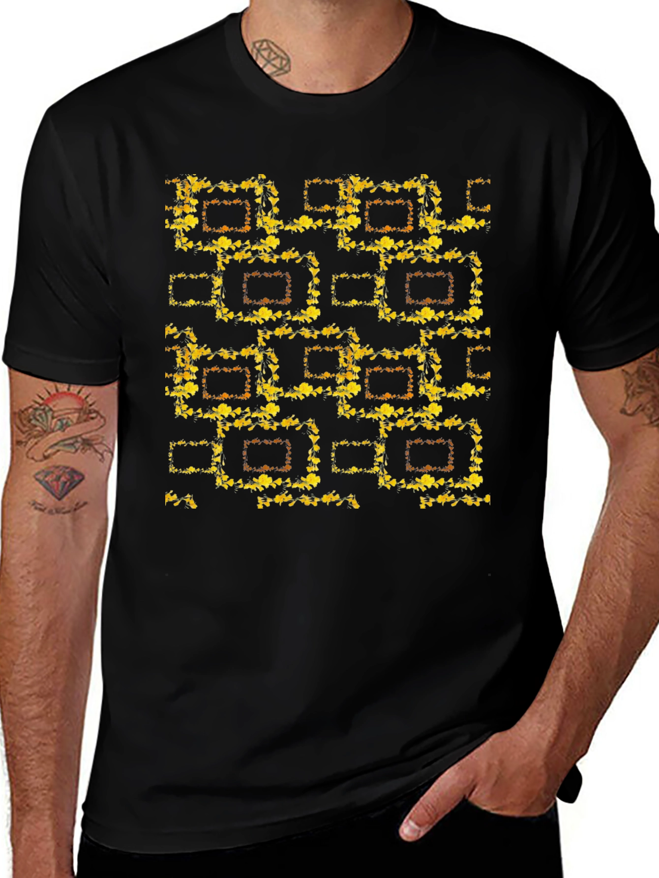 Abstract Floral Pattern Black T-Shirt