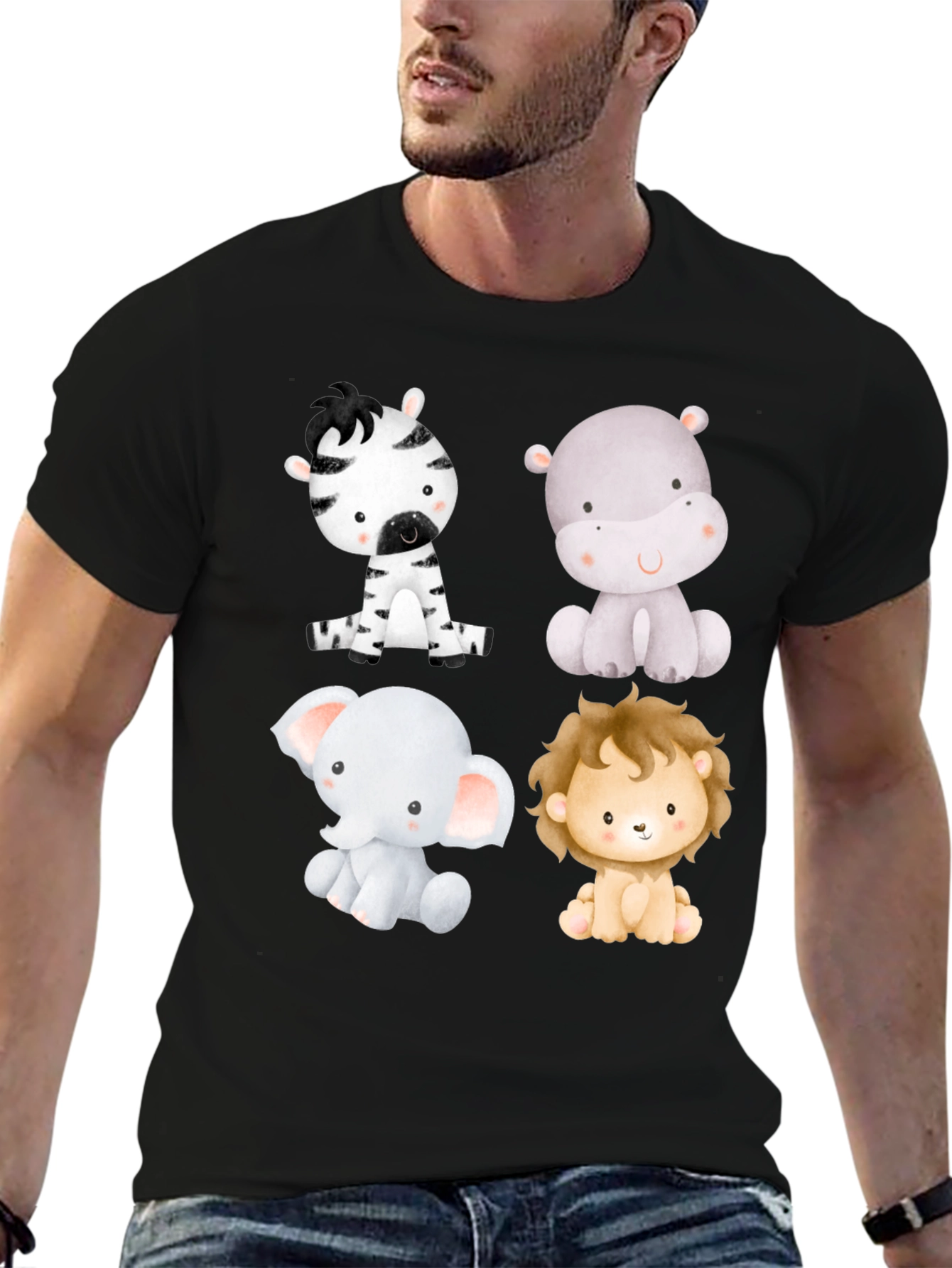 Cute Animal Print T-Shirt - Zebra Hippo Elephant Lion