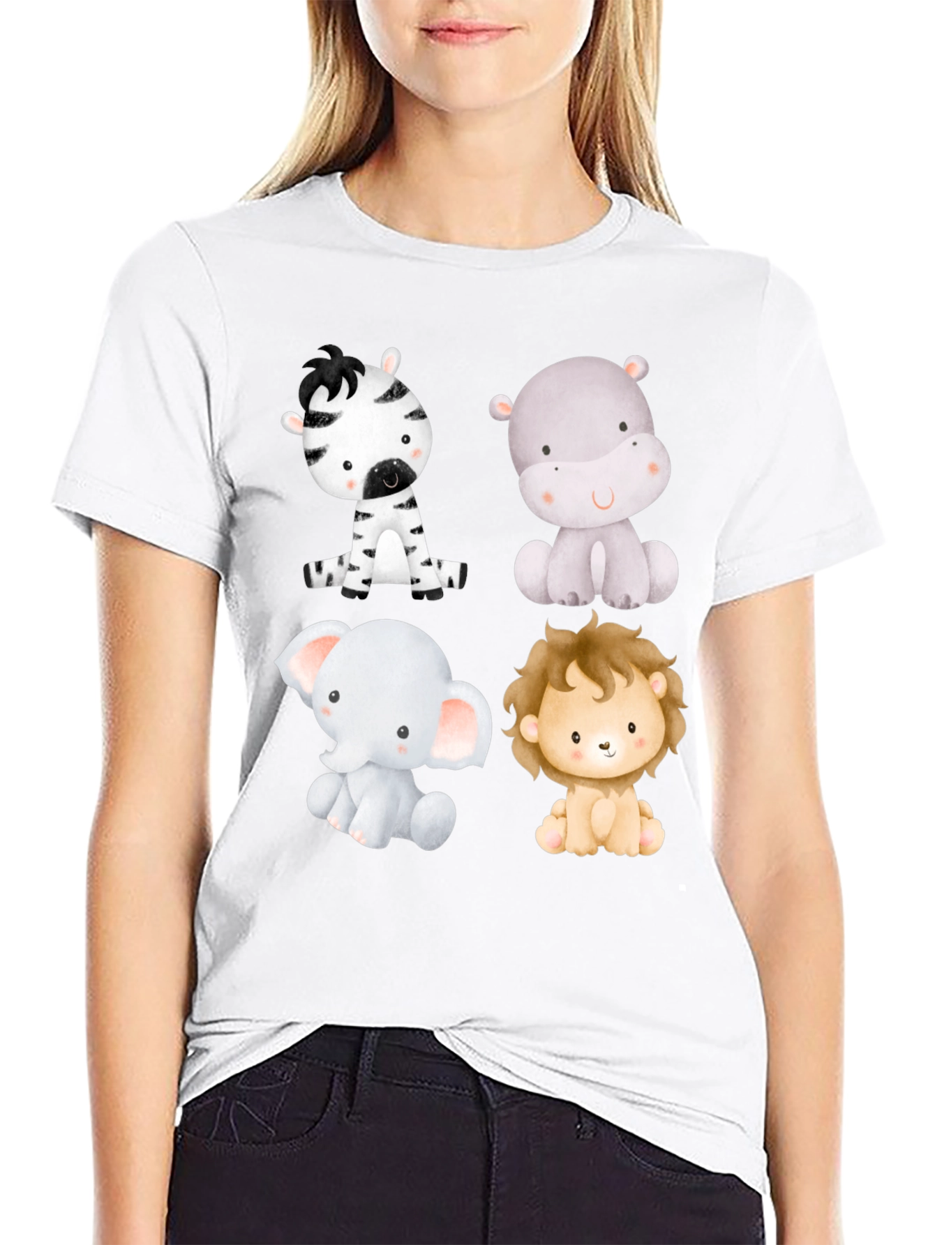 Cute Animal Print T-Shirt - Zebra Hippo Elephant Lion