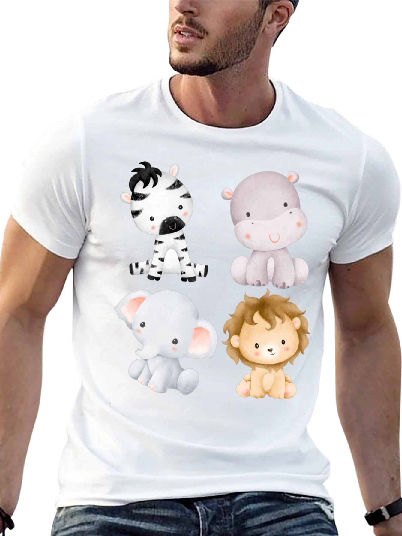 Cute Animal Print T-Shirt - Zebra Hippo Elephant Lion