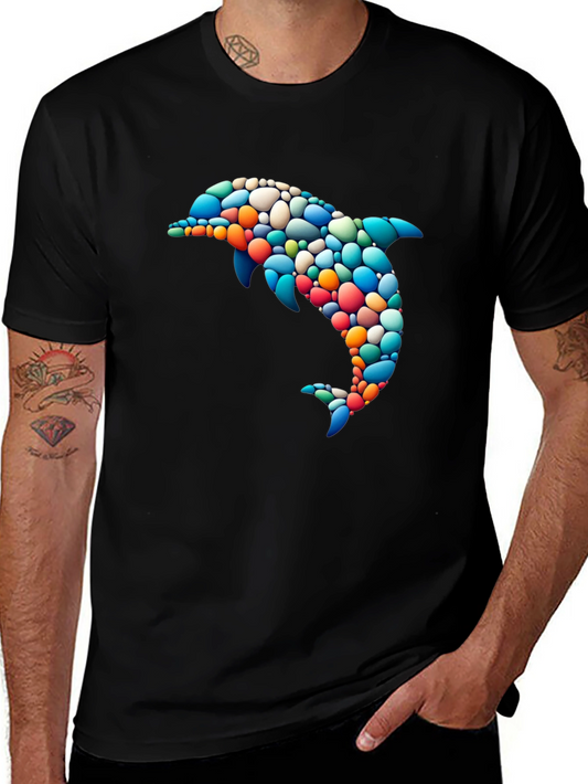 Mens Black T-Shirt with Colorful Mosaic Dolphin