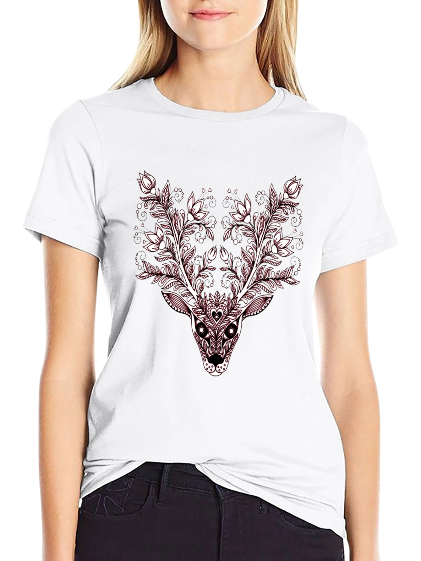 Floral Deer Graphic Tee - Stylish Black T-Shirt