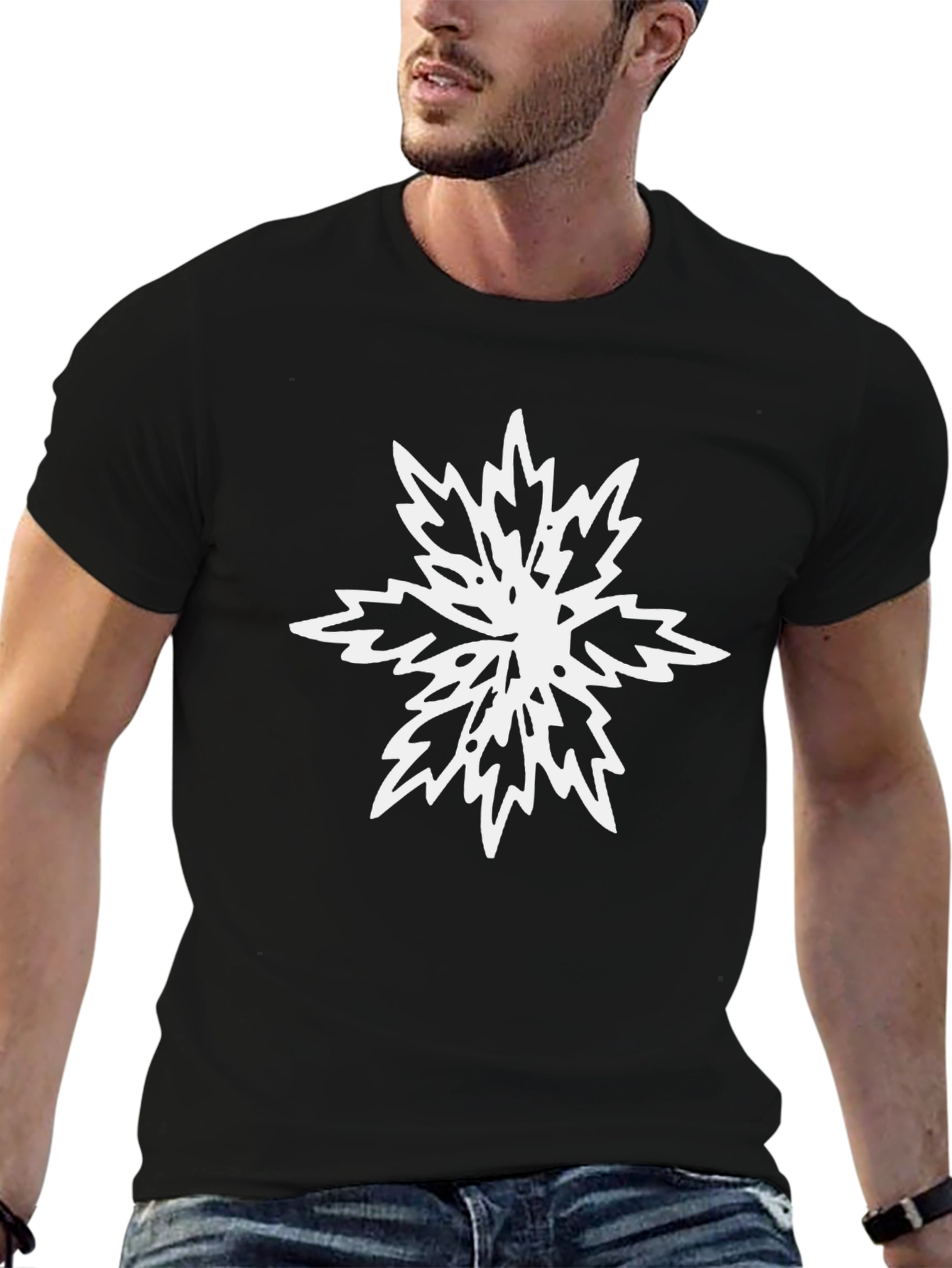Black Tee with White Abstract Snowflake Design