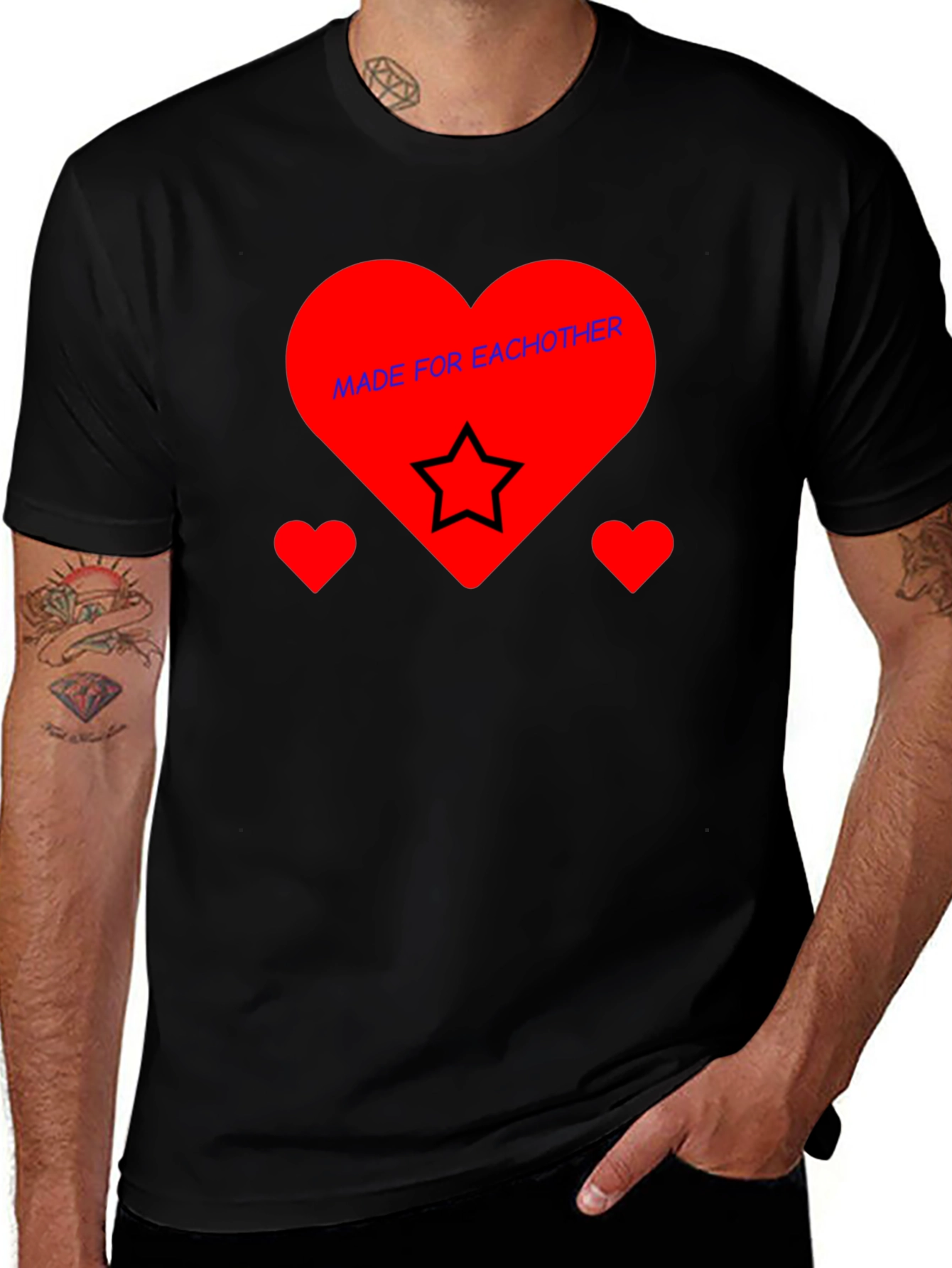 Romantic Heart Star Graphic Black T-Shirt
