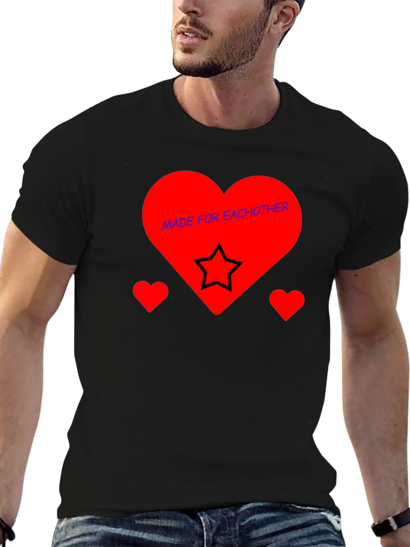 Romantic Heart Star Graphic Black T-Shirt