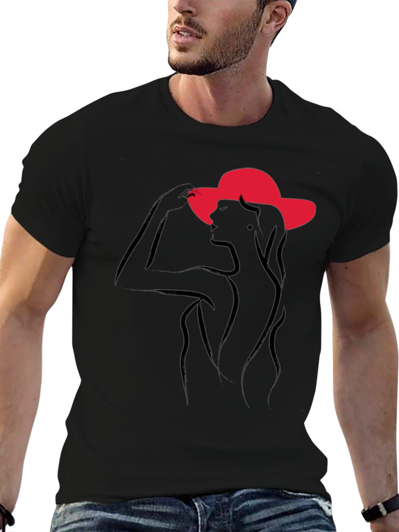 Elegant Woman in Hat Black T-Shirt