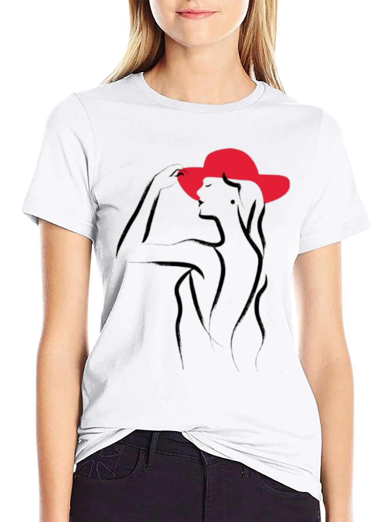 Elegant Woman in Hat Black T-Shirt