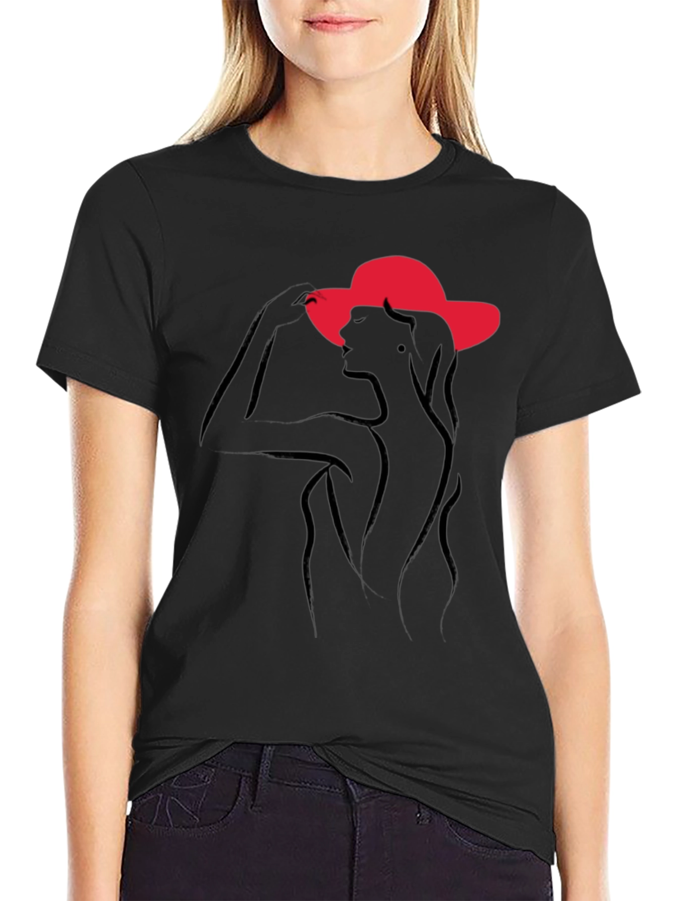 Elegant Woman in Hat Black T-Shirt