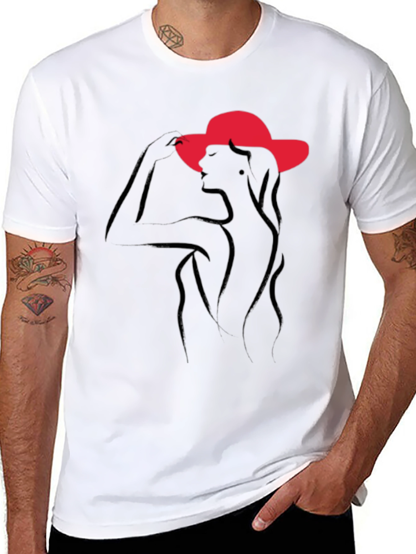 Elegant Woman in Hat Black T-Shirt