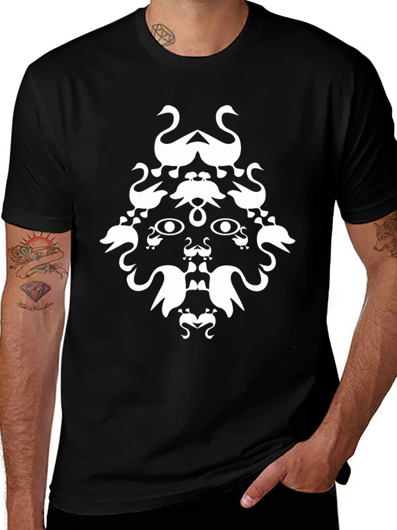 Abstract Swan Face Graphic Black T-Shirt