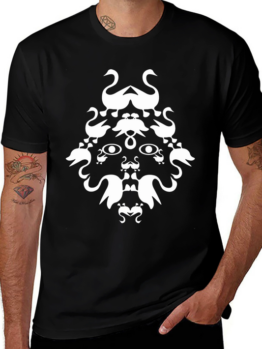 Abstract Swan Face Graphic Black T-Shirt