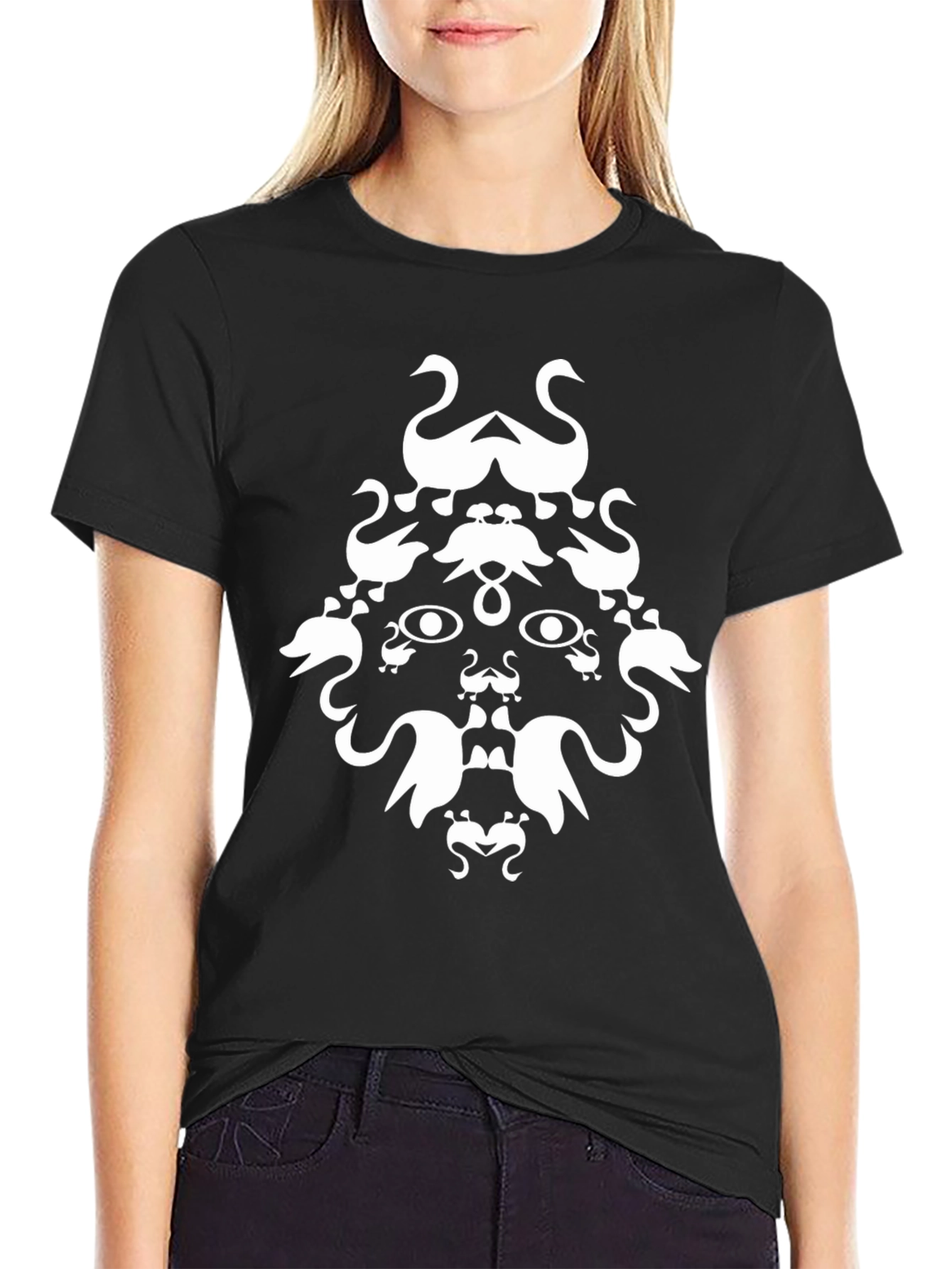 Abstract Swan Face Graphic Black T-Shirt