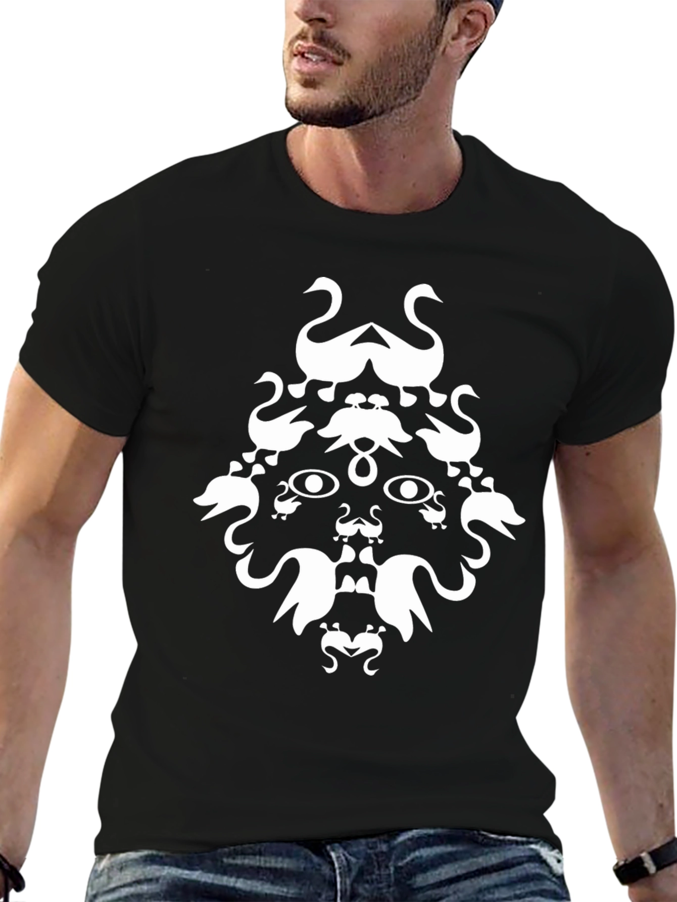 Abstract Swan Face Graphic Black T-Shirt