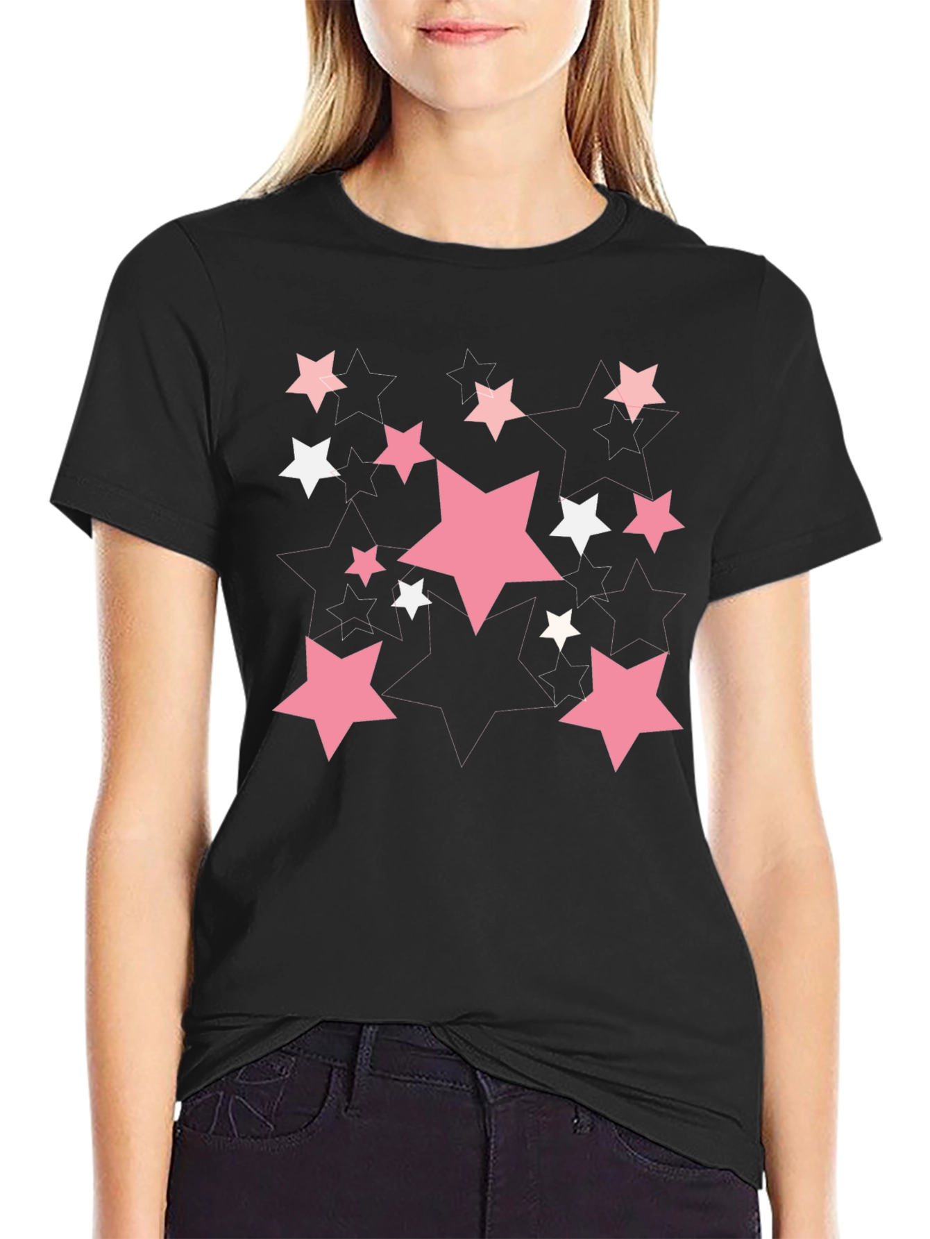 Starry Graphic Print T-Shirt - Casual Black Tee