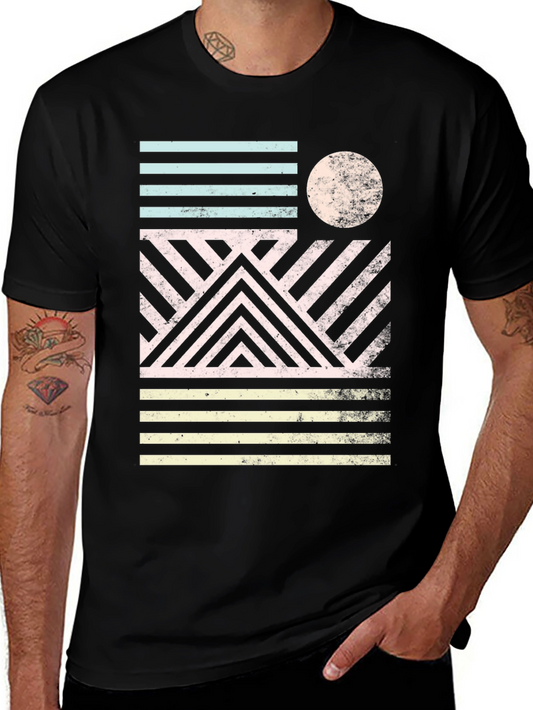 Retro Geometric Graphic Print Black T-Shirt
