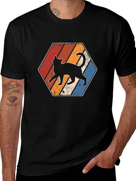 Retro Cat T-Shirt - Vintage Style Hexagon Design