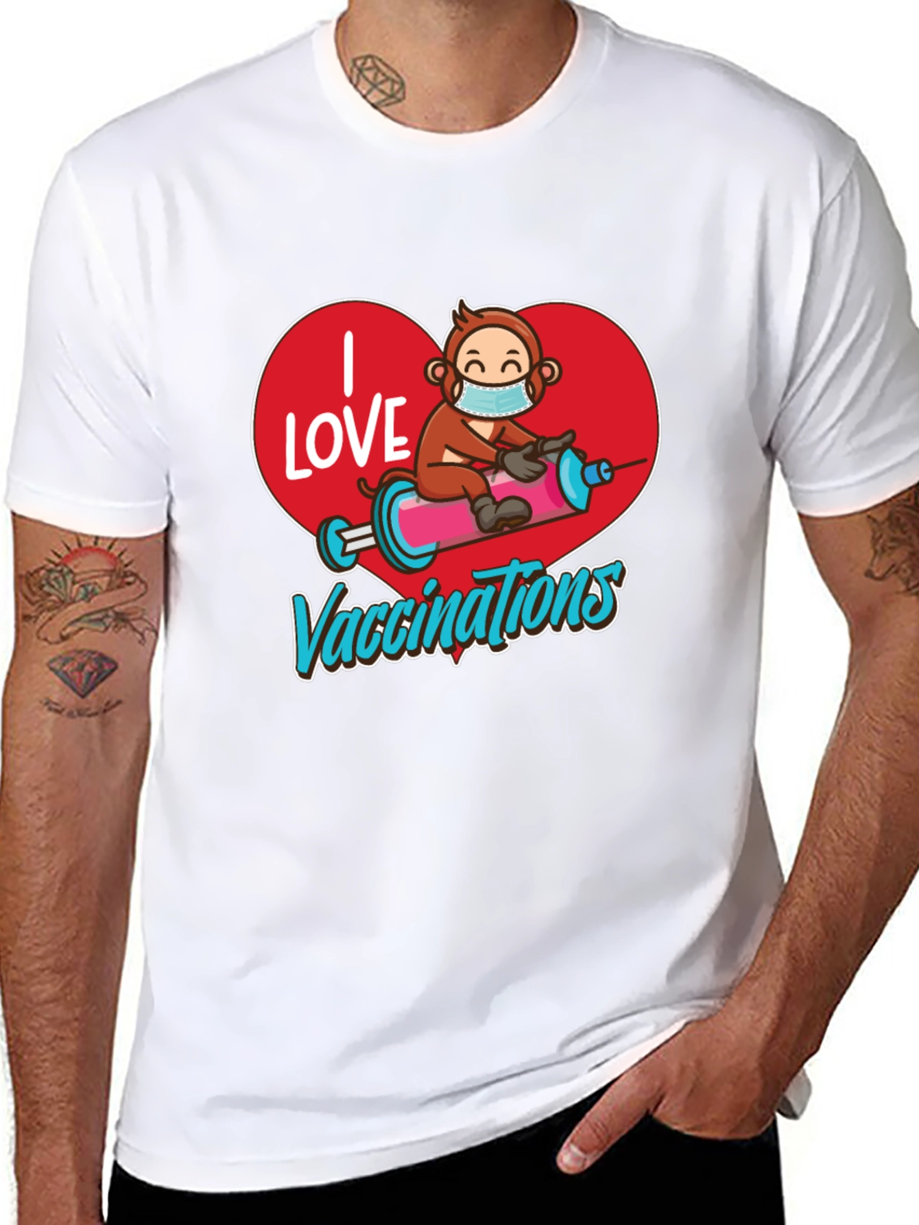 I Love Vaccinations T-Shirt Monkey on Syringe Design