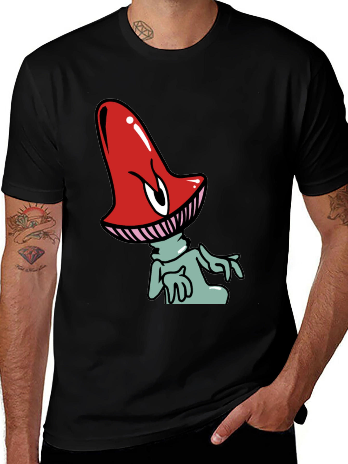 Funky Mushroom Graphic Tee - Black Cotton Blend
