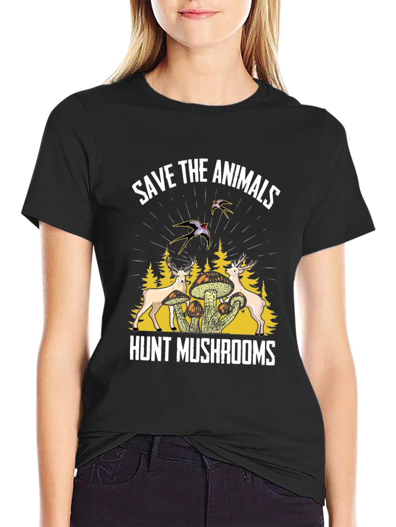 Save Animals Hunt Mushrooms Black Graphic T-Shirt
