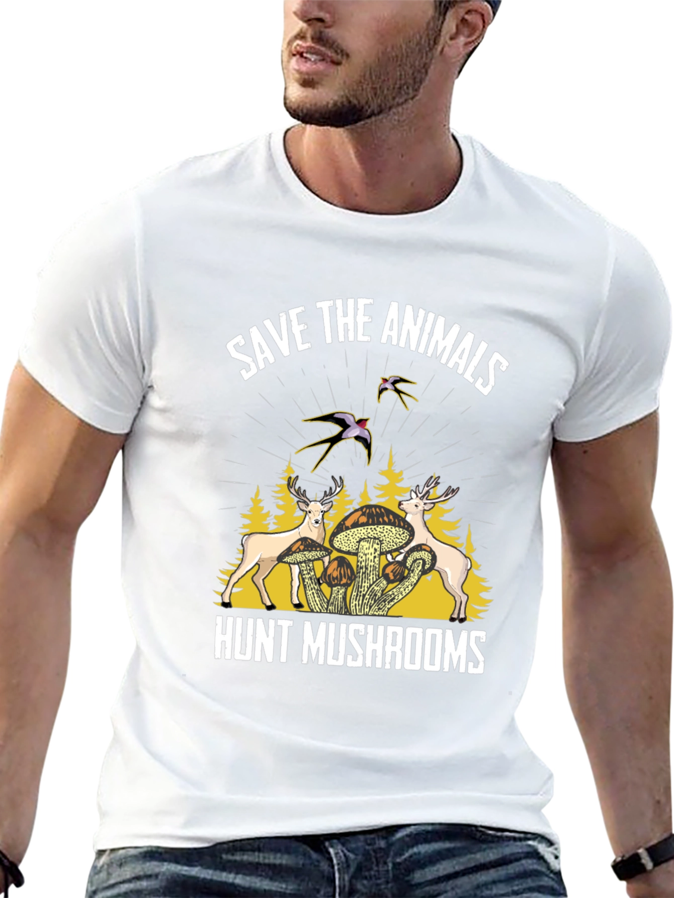 Save Animals Hunt Mushrooms Black Graphic T-Shirt