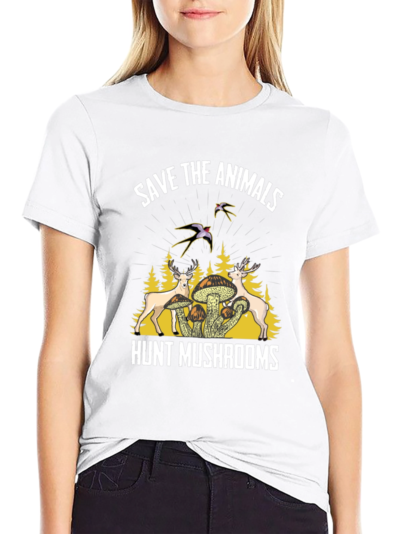 Save Animals Hunt Mushrooms Black Graphic T-Shirt