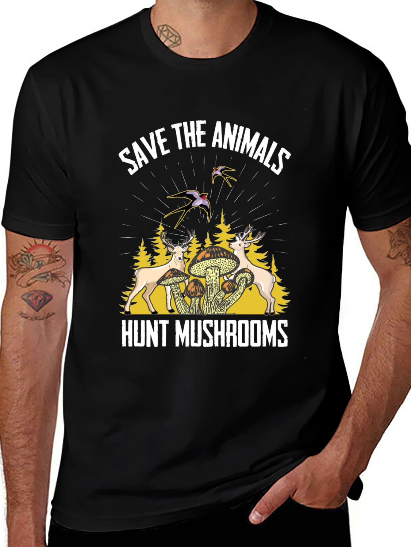 Save Animals Hunt Mushrooms Black Graphic T-Shirt