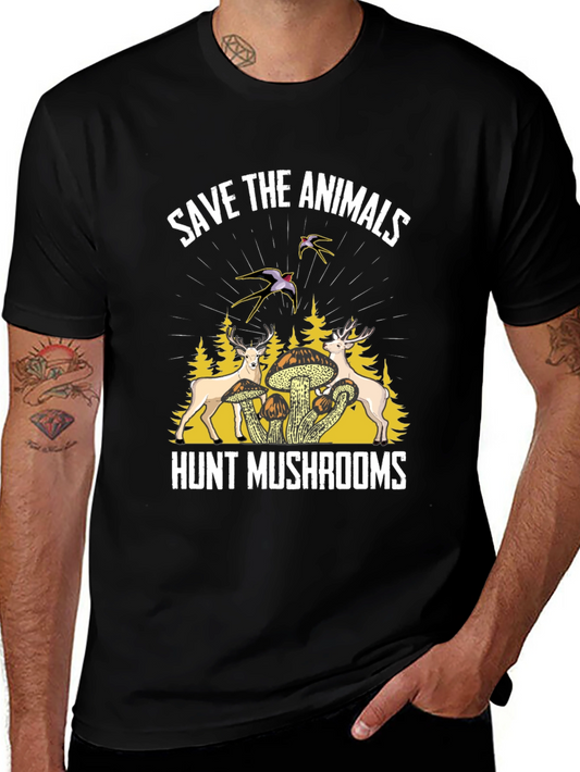 Save Animals Hunt Mushrooms Black Graphic T-Shirt